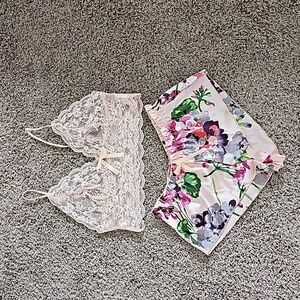 NWOT - Floral Satin shorts w/ lace bralett size Large